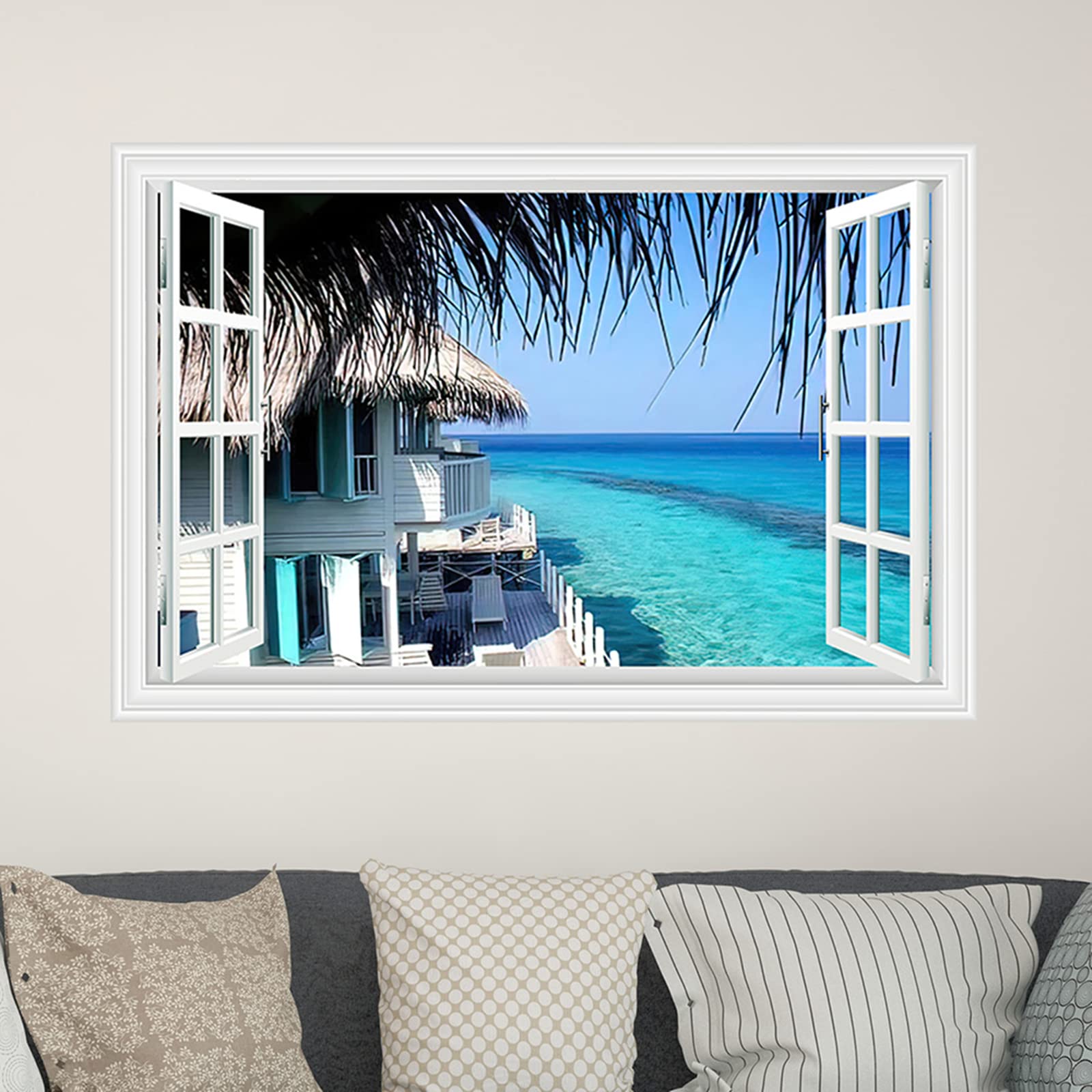 

Condessacity Wall Sticker Window Scenery Window Fake Window Sticker Landscape Painting Underwater Window View Hawaii Beach Window Poster Waterproof