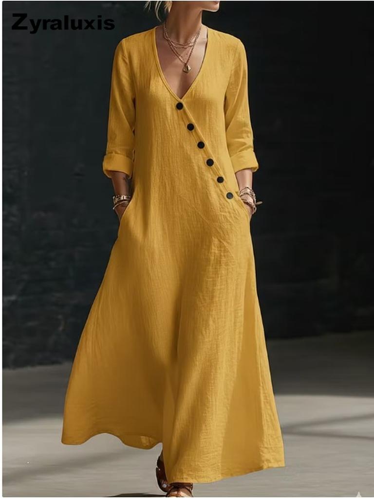 TikTok Summer Lazy Style V-Neck Pleated Swing A-Line Resort Maxi Dress Women One-Piece Long Dress