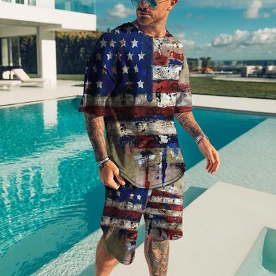 Vintage Style Men's Beach Shorts Set 3D USA Flag Print Short Sleeve T-shirt+Shorts 2 Pcs Set Summer Oversized Tracksuit Suit