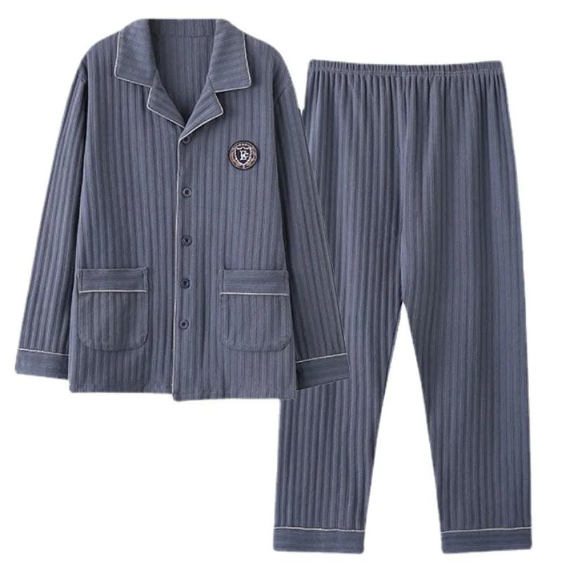 New Winter Men Pajamas Pure Cotton Long Sleeved Sleepwear Spring Autumn Loose Young Middle-aged People V-neck Homewear Set