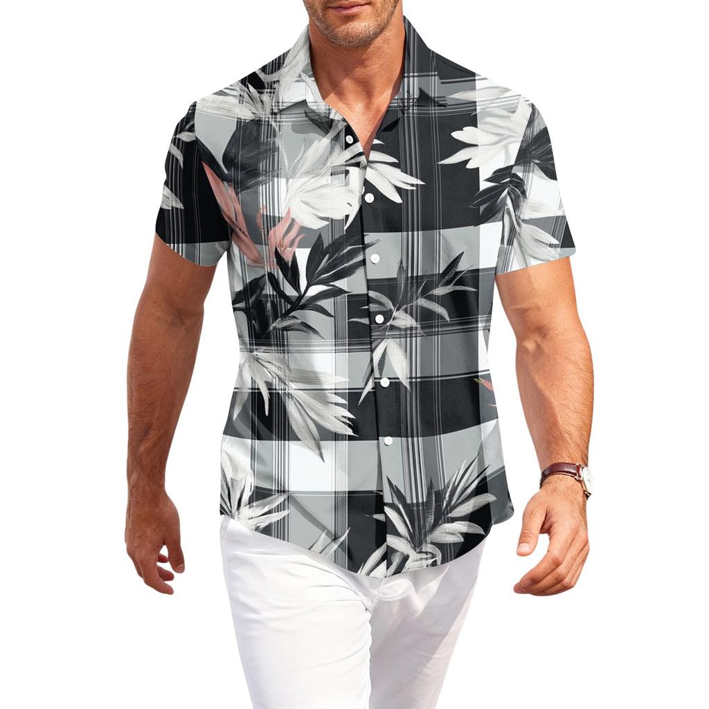 Men's Casual Loose Fit Hawaiian Short Sleeve Shirt Button Down Tropical Print Lightweight Summer Shirt for Beach Vacation and Daily Wear