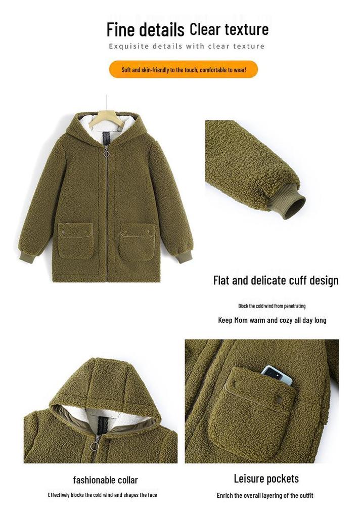 Mom's Elegant Winter Hooded Lambswool Coat with Fleece Lining - Thickened, Fashionable, for Middle-Aged and Elderly Women