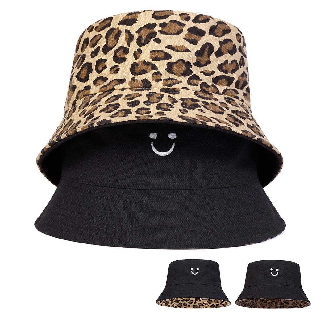Unisex Smiling Leopard Print Double-Sided Bucket Hats Fishermen Caps Outdoor Casual Cap Sunscreen Hat