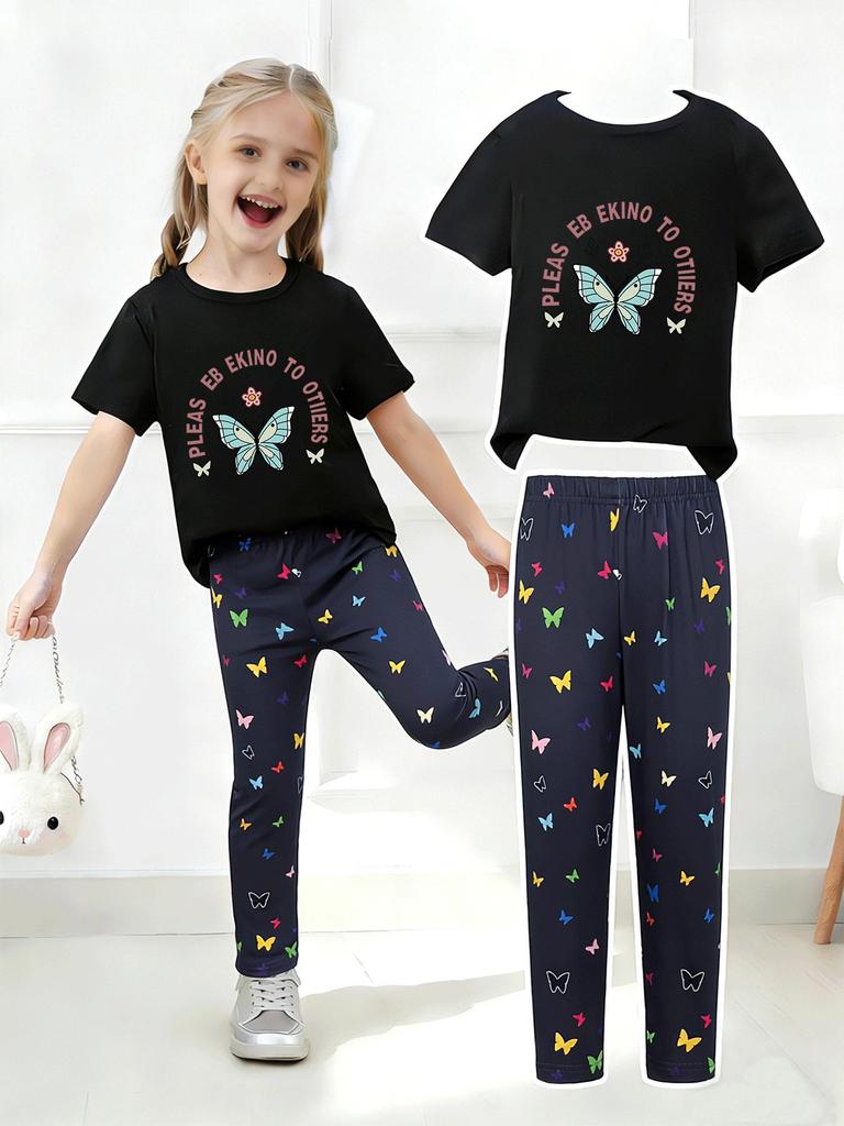 Girls' Summer Casual Short-Sleeve Long Pants Set - European & American Print