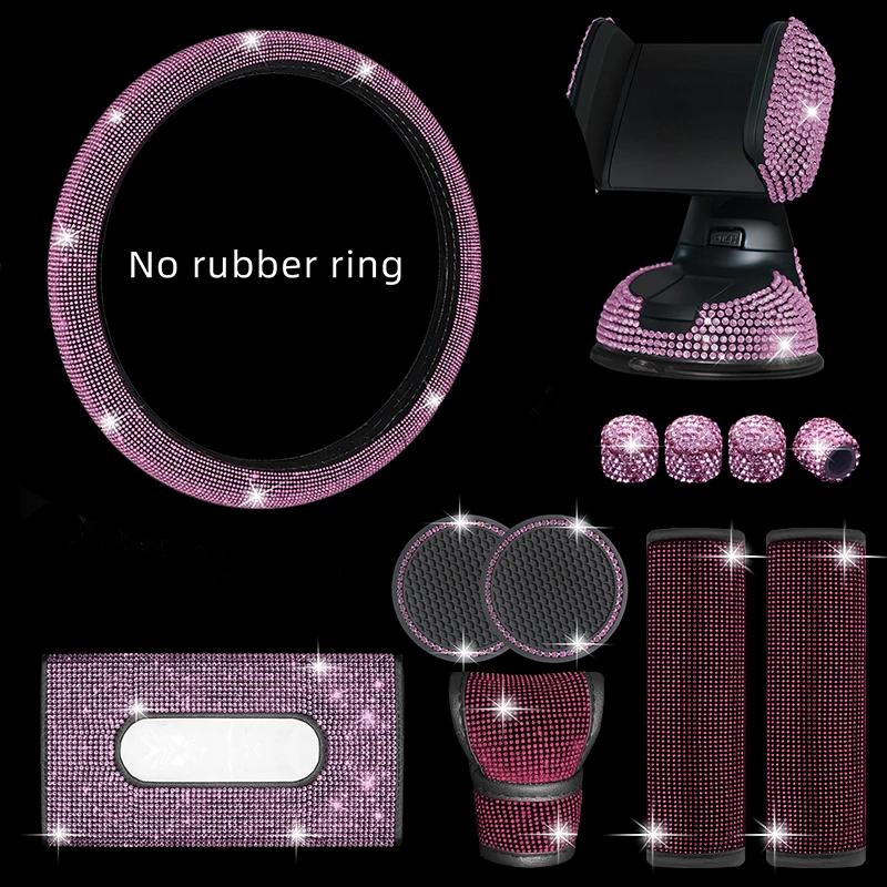 

12 шт., блестящий чехол на руль автомобиля, держатель для телефона, подставка под стакан, коробка для салфеток, накладка на ремень безопасности, декор для клапана, набор автомобильных аксессуаров розовый