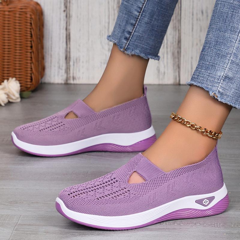 Women's Comfortable Breathable Knitted Sneakers Walking Soft Cut-Out Shoes for Women Office Work Platform Flats Slip On Tennis Shoes Casual Loafers