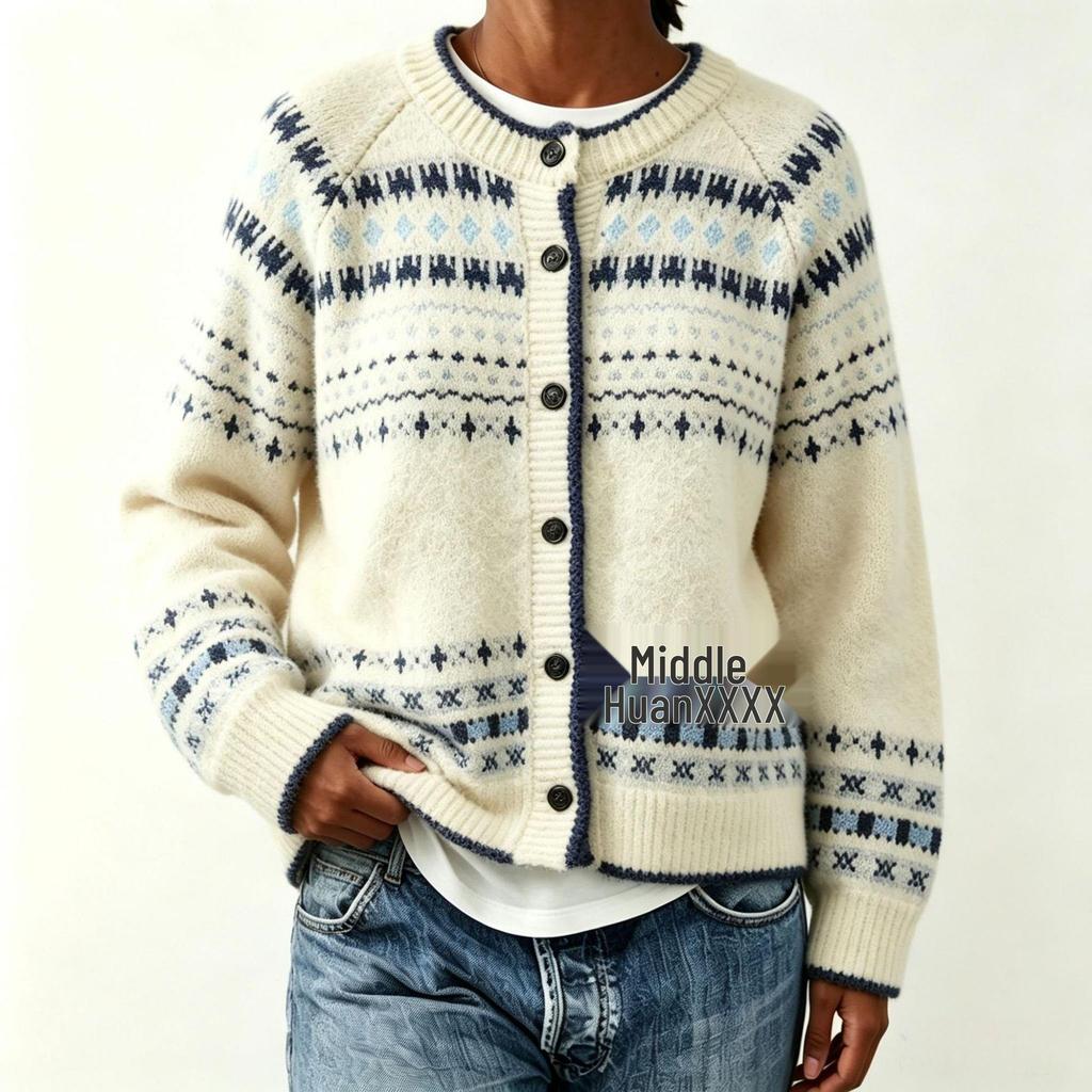 Women's 2026 Autumn/Winter Jacquard Knit Round Neck Snowflake Cardigan Sweater with Horn Buttons
