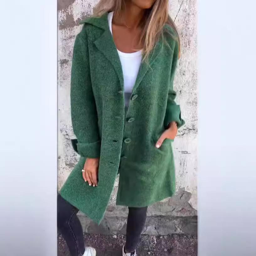 Women's Solid Color Turn-Down Collar Mid-Length Cardigan Coat with Pockets (Single-Breasted) - 2024 Autumn/Winter Collection