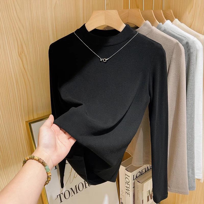 Women's Long-Sleeve Casual T-Shirt - Stylish Thick Warmth, Half-High Collar for Autumn/Winter 2026 Trend