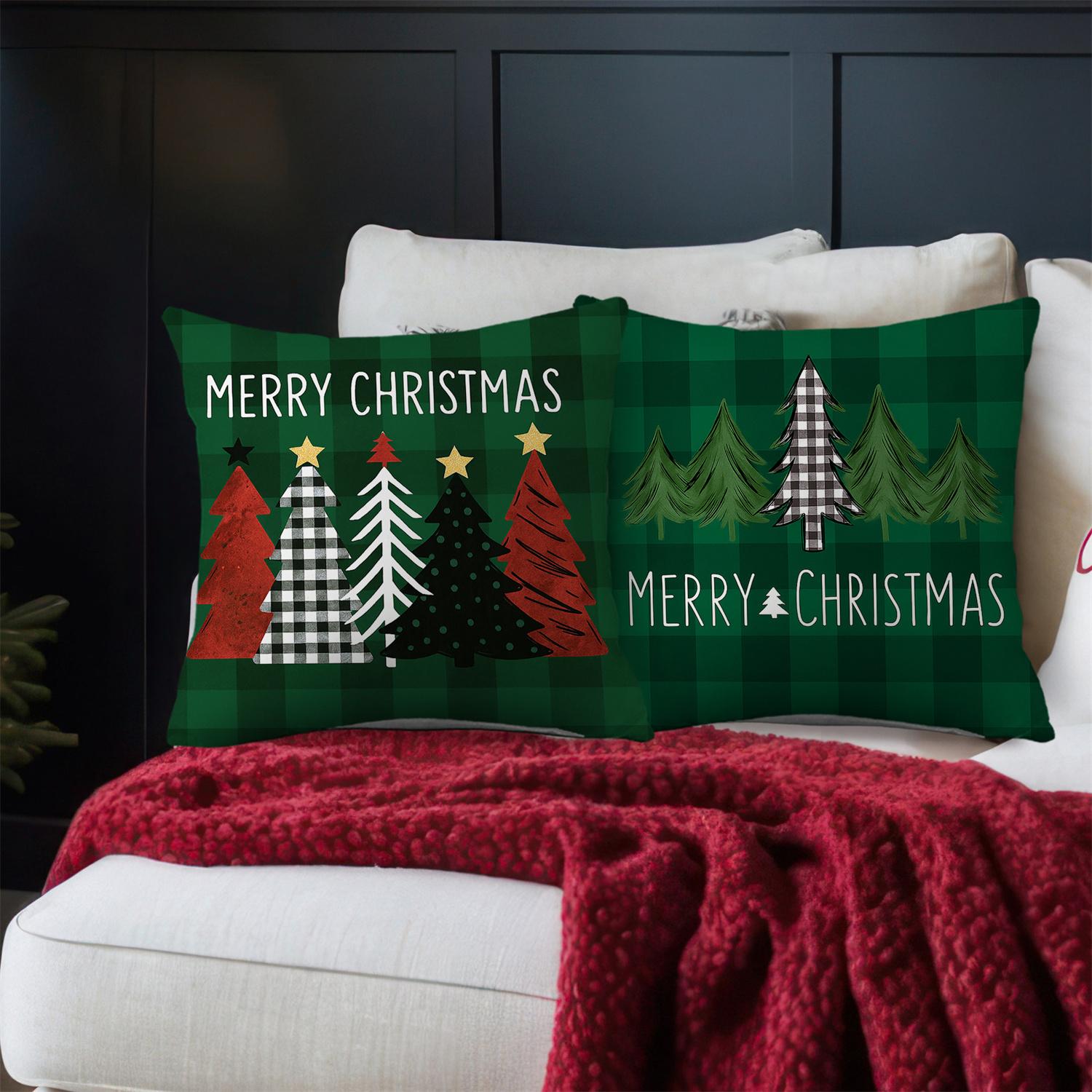 2pcs Golden Star Colorful Christmas Tree Green Plaid Christmas Throw Pillow Covers Merry Christmas Cushion Case Winter 2PCS