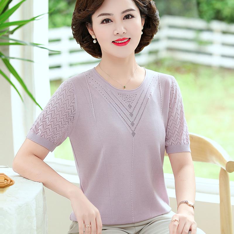 

Mother s Day Ice Silk Short-Sleeve Knit Top for Middle-Aged Women 2026 2XL (recommended 110-120 jin) светло-фиолетовый