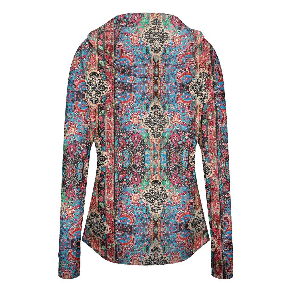 Women Lightweight Zip Up Hooded Jacket Long Sleeve with Pockets Printed Sun Protection Outerwear for Outdoor Activities