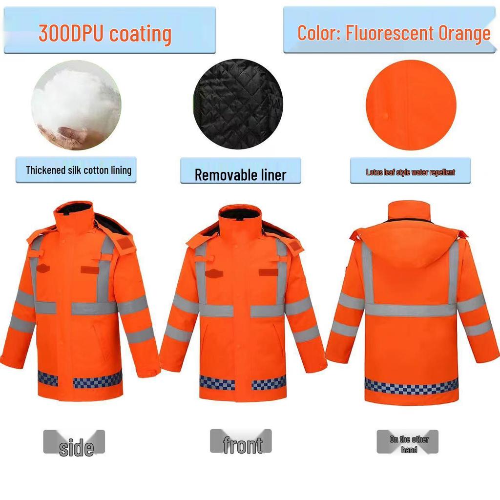 High-Speed Reflective Winter Cotton-Padded Raincoat & Pants Set for Outdoor Use