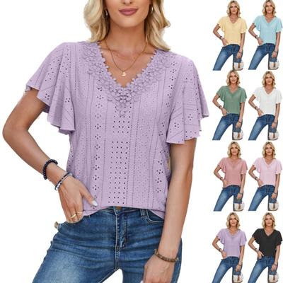 Dames Lente en Zomer Nieuwe Producten, Kant V-hals, Ruchemouwen, Effen Kleur Los T-shirt