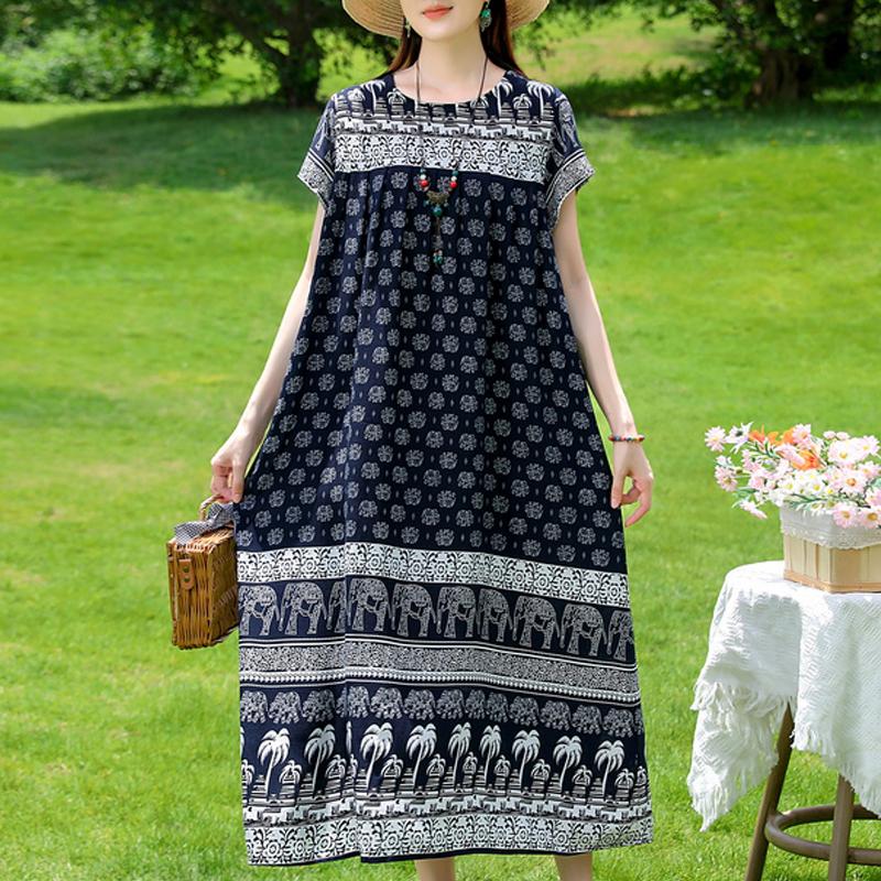 Damen Plus Size Boho-Print Maxikleid, Kurzarm Freizeit-Sonnenkleid (XL-5XL)