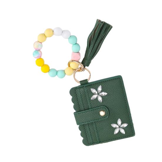 RFID Shielded Card Holder with Rhinestone Flower And Beads Decor Women Wristband Wallet Keychain Faux
