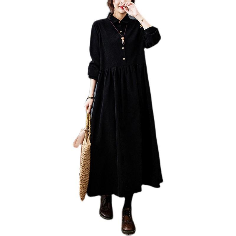 A New Autumn Collection of Artistic Large-sized Casual and Warm Corduroy Lapel Long Swing Dress for Women