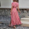Women's Summer Floral High Waist Bohemian Dress Casual Hawaiian Flowing V Neck Holiday Dress