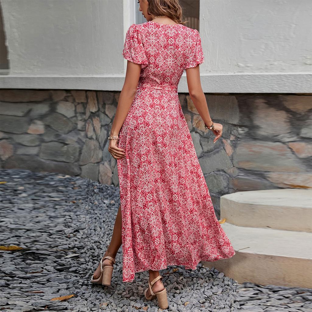 Women's Summer Floral High Waist Bohemian Dress Casual Hawaiian Flowing V Neck Holiday Dress