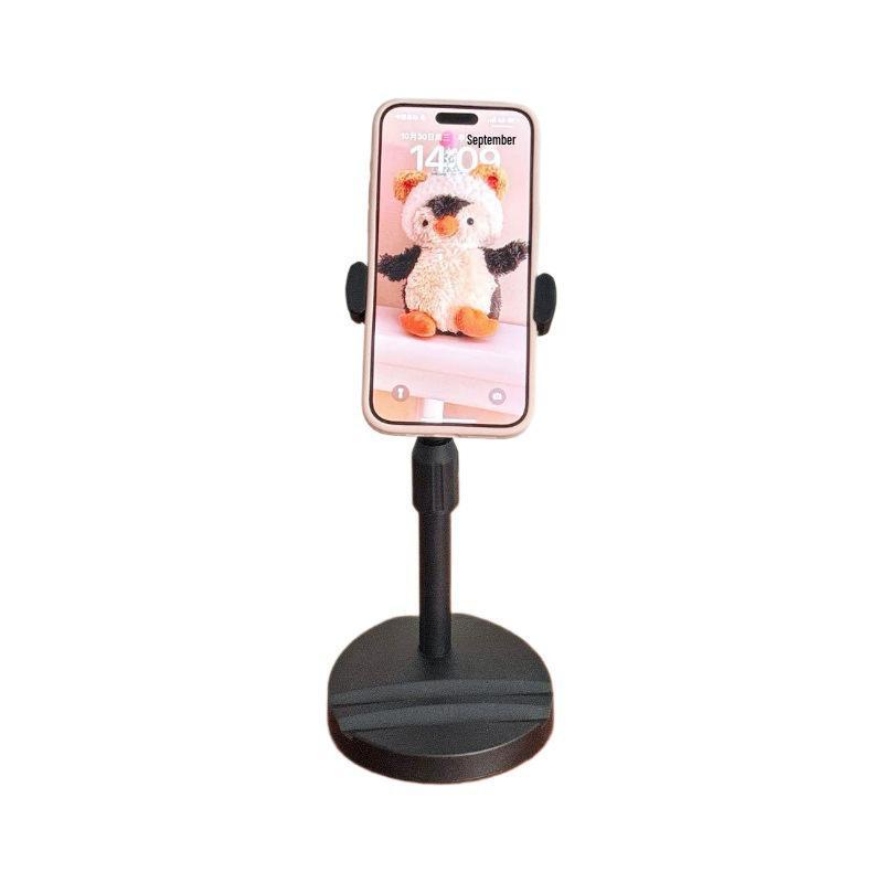 Aluminum Alloy Telescopic Desktop Phone Holder with Round Base for Overhead Shooting and Live Broadcasts.