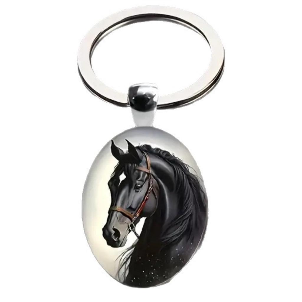 Alloy Keychain Pendant with Round Metal Key Ring and Printed Horse Pattern for Bags Backpacks and Keys