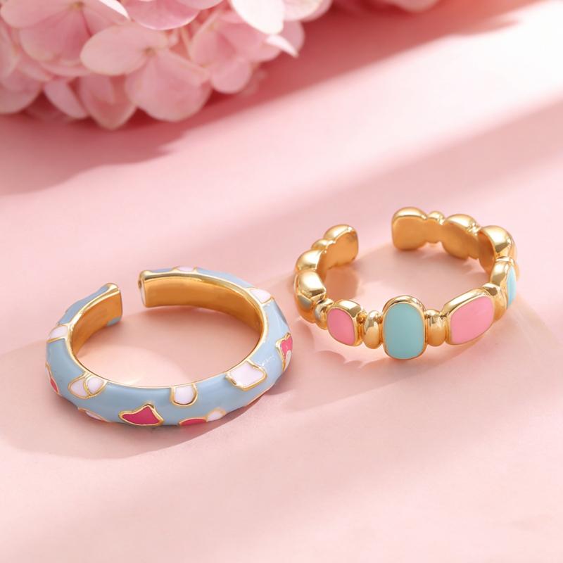 2Pcs Enamel Cute Drip Oil Irregular Open Rings for Women Girls Niche Geometric Chic Finger Ring Set Romantic Jewelry Accessories