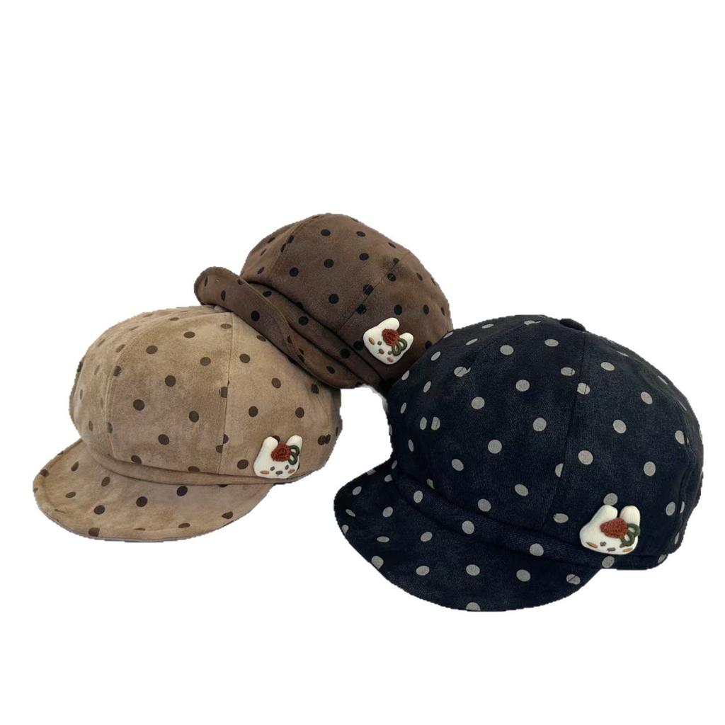 Retro polka dot cute Bere octagonal hat female autumn and winter show face small newsboy painter hat atmosphere big head circumference