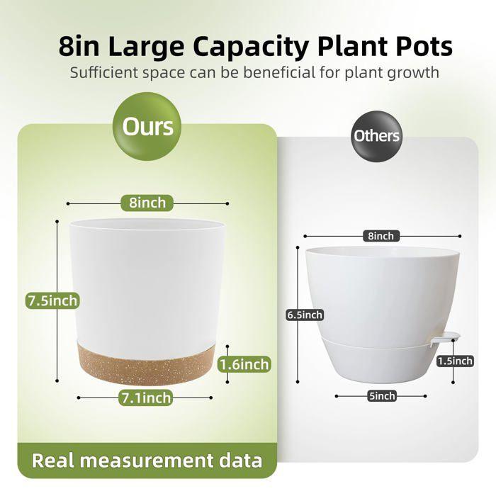 Lot de 2 pots de fleurs 20,3 cm blanc avec drainage et soucoupe amovible