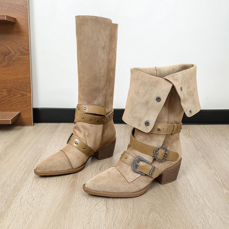 Women s Pointed-toe Slouchy Boots American Punk Style Chunky Heel Studded Western Cowboy Boots Two-way Wear High-top Over-the-knee Boots 35