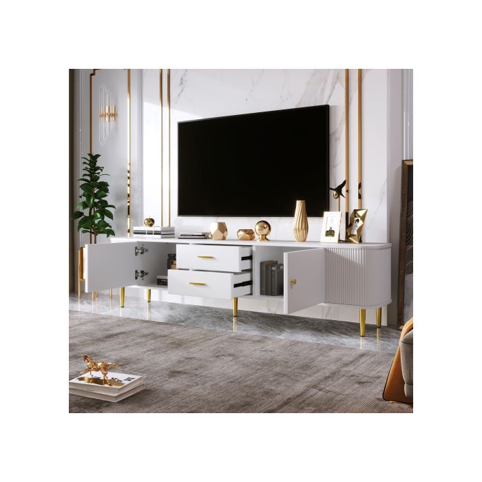 Meuble TV - MUVOE - Décontracté - Blanc Et Doré - 2 Tiroirs - Design Contemporain