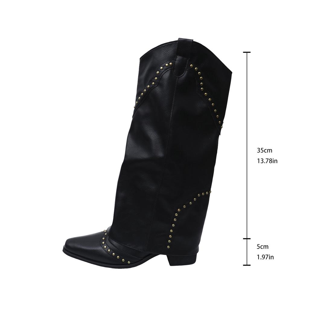 Fashion New Retro-style Rivet High-top Western Cowboy Boots, Women's Long Mid-heel Pointed-toe Hooded Knight Boots, Long Boots