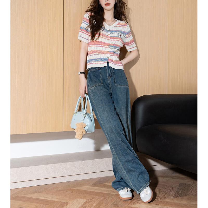 Women's Lightweight Striped Knit Short-Sleeve Cardigan Tee