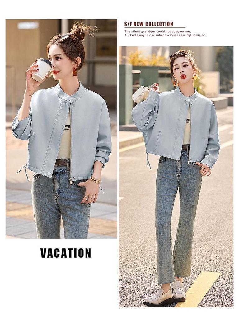 Women's Casual PU Leather Jacket with Stand Collar, Spring/Autumn 2025, Loose Fit, Small Size, XG9961