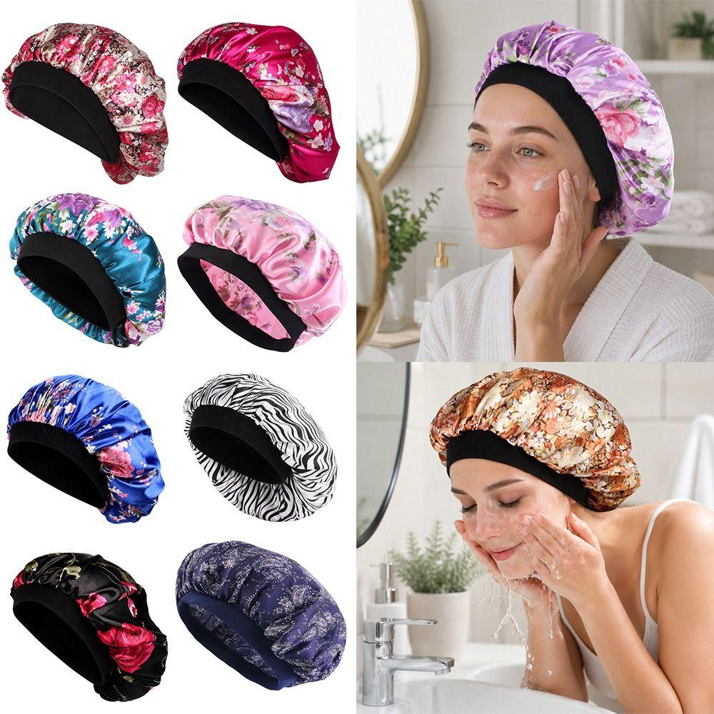 Elastic Wide Band Satin Sleep Bonnet Hair Loss Cover Bath Hair Cap Night Cap  Hair Wrap Accessories