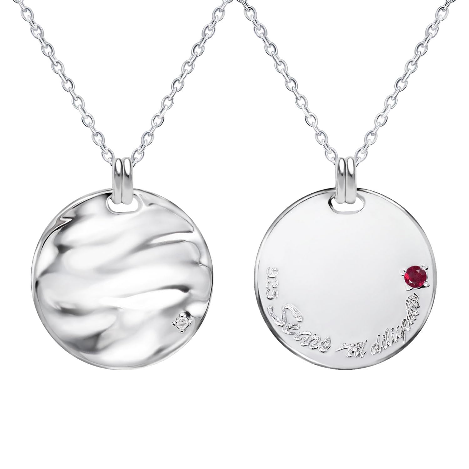 Reversible Sterling Silver 925 Necklace with July Birthstone and Plate Coin Necklace Natural Stone [Sears] Men s Diamond, Ruby, (sv925) -