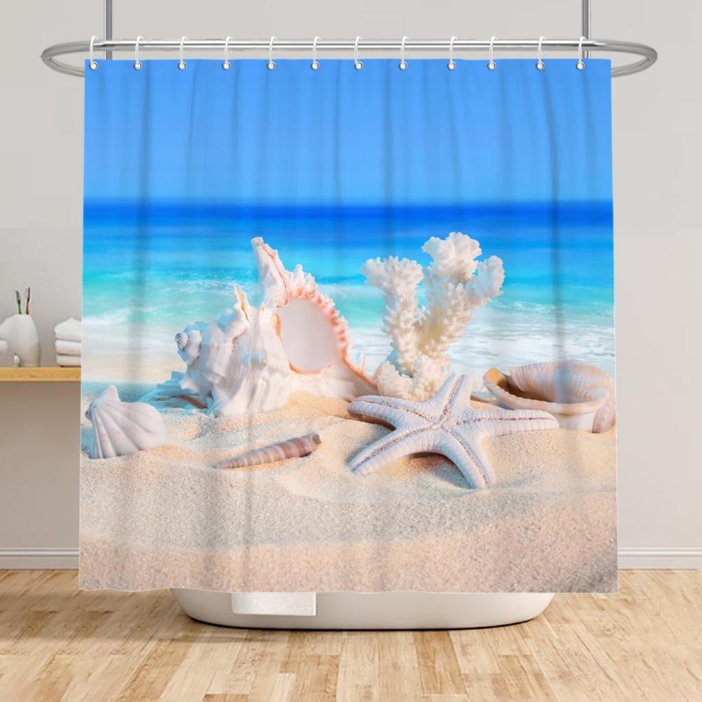 Beach Vacation Shower Curtain Tropical Palm Trees Ocean Waves Starfish Sandy Shore Pattern Waterproof Polyester Bathroom Decor