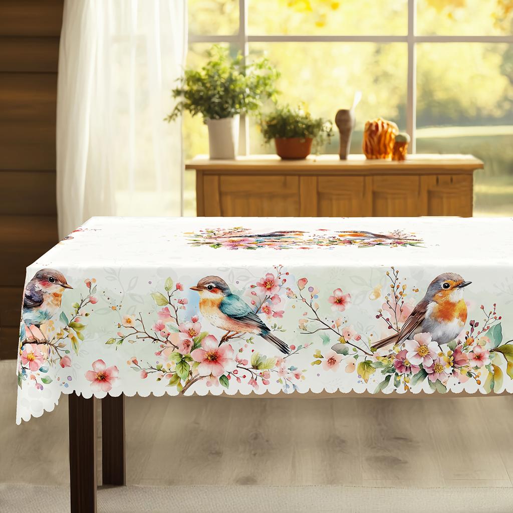 Spring Floral Bird Rectangle Tablecloth for Table Decor Summer Watercolor Flowers Kitchen Dining Table Cloth Wedding Decorations