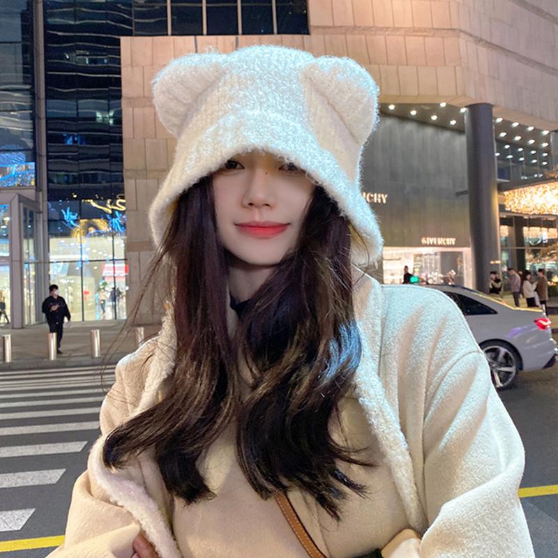 Bonnet en laine avec oreilles d'ours mignon, bonnet d'hiver chaud à lacets, protection des oreilles, bonnet de bombardier tricoté, bonnets à tricoter, Corée, femmes chaudes