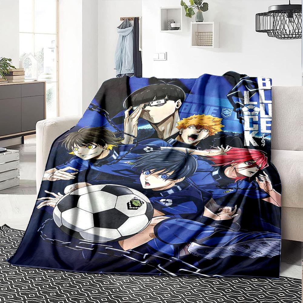Blue Lock Anime Football Team Character Collage Print Flannel Blanket Dark Blue Chain Background Soft Throw Blanket Anime Fan Decor