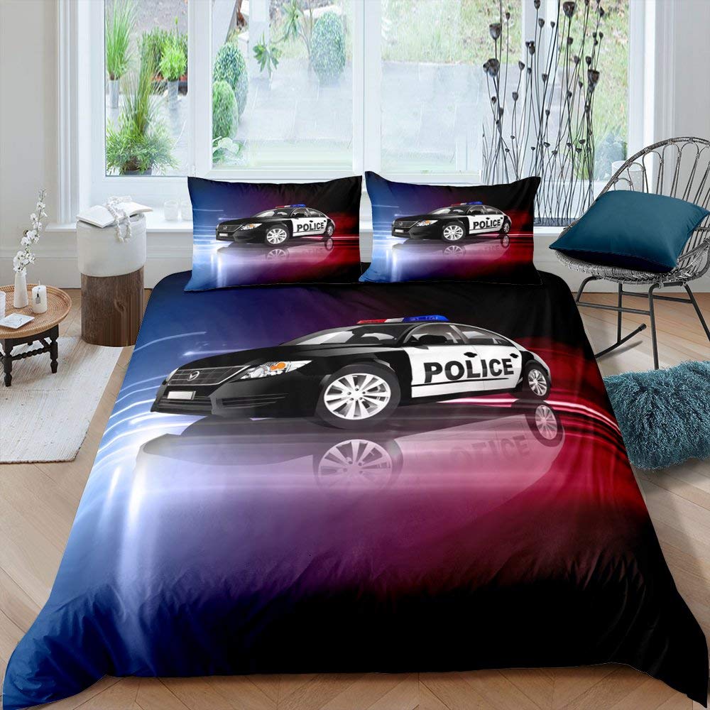 Police Car Duvet Cover Cartoon Set Car Blue Grey Emergency Responder Vehicles Polyester Quilt Cover With Pillowcases King Size