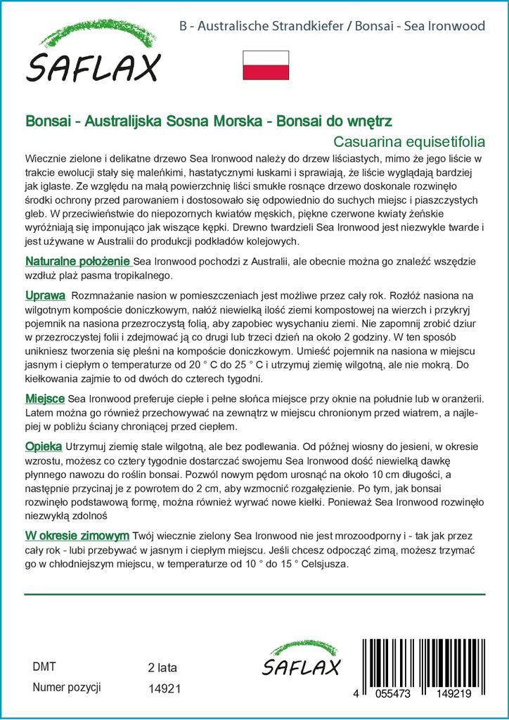 SAFLAX Garden In the Bag - Bonsai - Sea Ironwood - 200 Seeds - With Substrate In a Fitting Stand Up Bag - Casuarina Equisetifolia