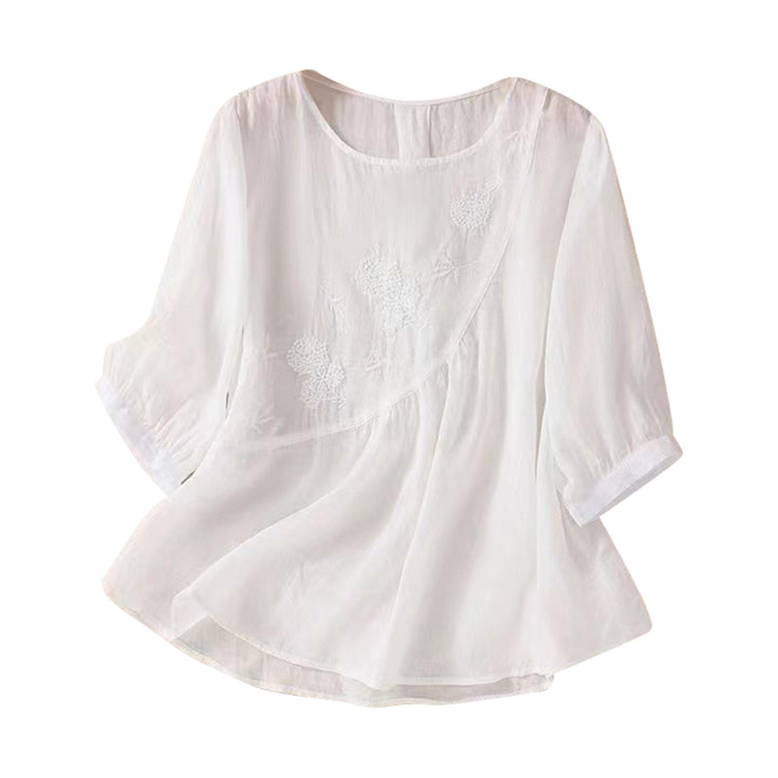 

Женская модная футболка однотонная вышитая из хлопка и льна, топ больших размеров XXL белый