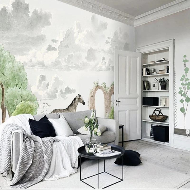 3D Wall Mural Nordic Hand-painted Tropical Plant Horse Wallpaper Children's Room Background Home Decor