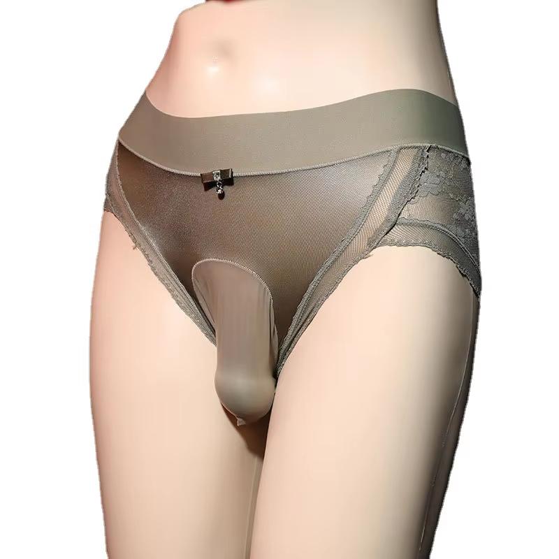 Men Sexy Lace Underwear Soft Satin Ultra-Thin Panties See Through Lingerie Crossdressing Sissy Briefs Breathable Underpants