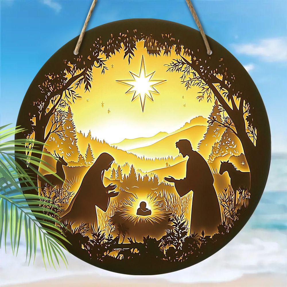 Hellig natt Krybbespill anheng, dekorasjon av hjemmevegger eller dører, 2d flatt tre, juledekorasjon, gaver til venner og familie