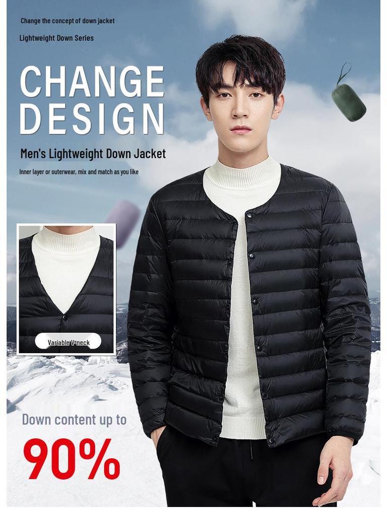 Men's Lightweight Collarless Down Jacket - Autumn/Winter, Plus Size Round Neck White Duck Coat