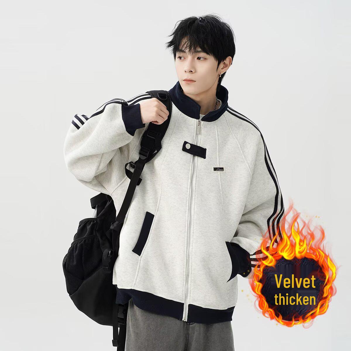 

Men s Trendy American Style Baseball Hoodie: Velvet Thickened Patchwork Sport Jacket with High Street Stripes for Autumn L