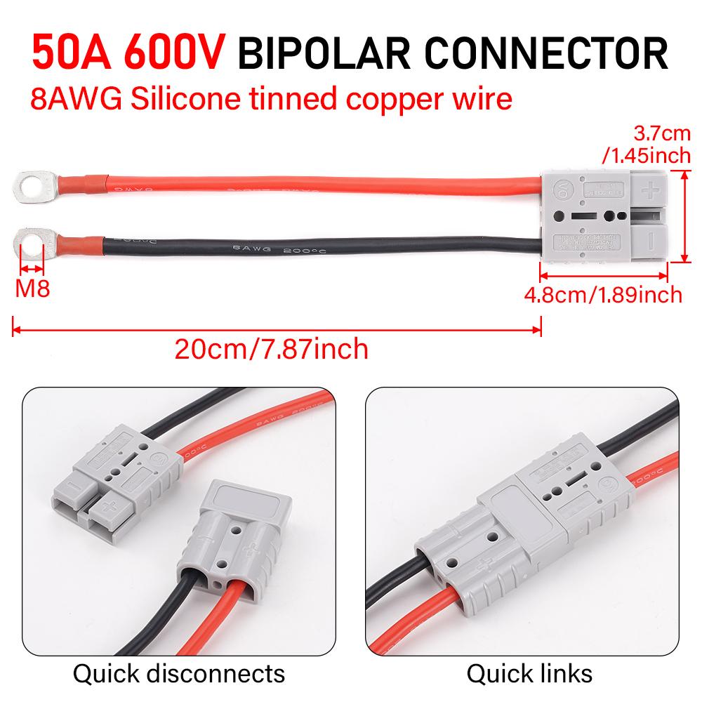 HulitTop Doppelpol 50A 600V Hochstromstecker mit 8AWG M8 Silikonkabel Elektro-Gabelstaplerstecker Schnellladeanschluss