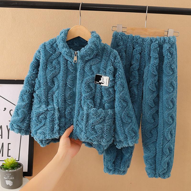 Pyjamas för barn Flickor Coral Fleece Förtjockad Pojkar Ansiktsduk Höst och vinter Baby Flickor Hemma Vinterkostym