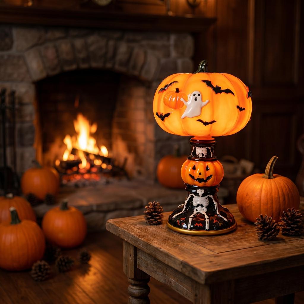 Halloweenská stolní lampa se stínidlem z vitráže s dýní, duchem, netopýrem a kostlivcem na podstavci, pryskyřičná výroba, dekorativní osvětlení pro domácnost